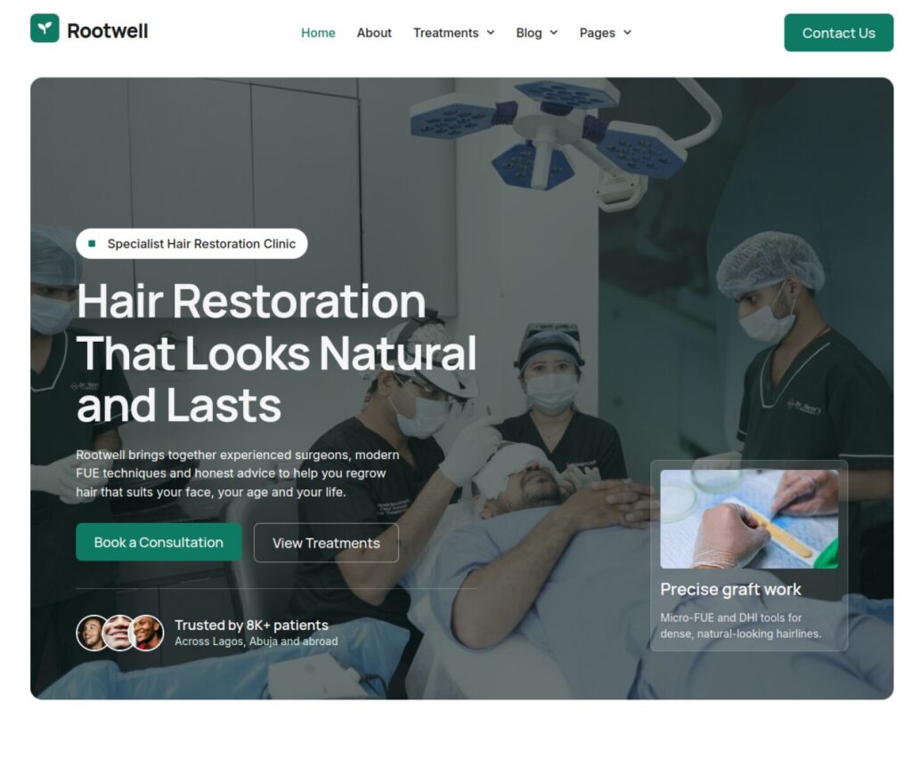Rootwell Hair Clinic website home page